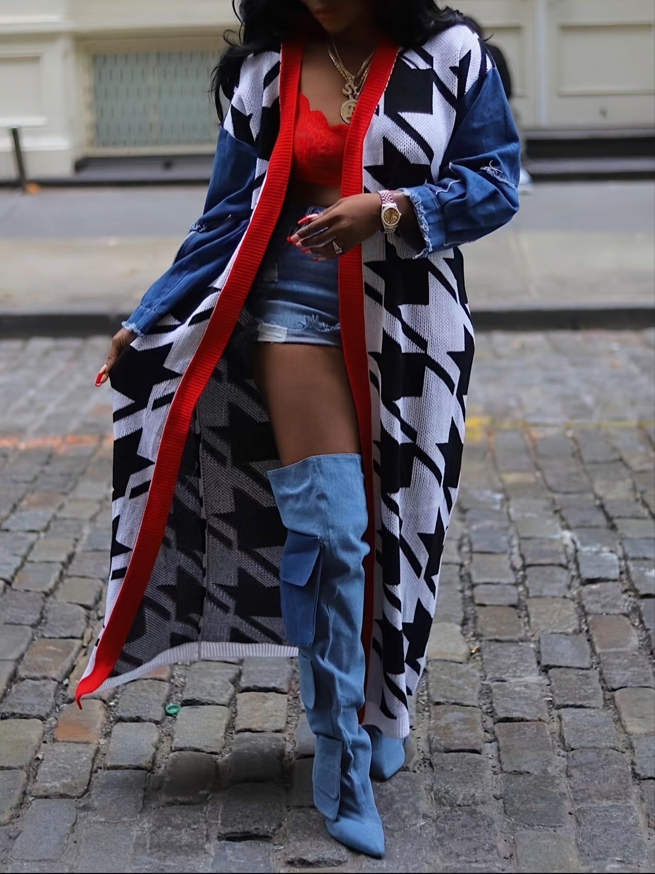 Women's Stylish Houndstooth Pattern Double-Layer Thick Cardigan - Long Sleeve, Open Front, Casual Knit Sweater with Geometric Design, Machine Washable, Polyester Blend